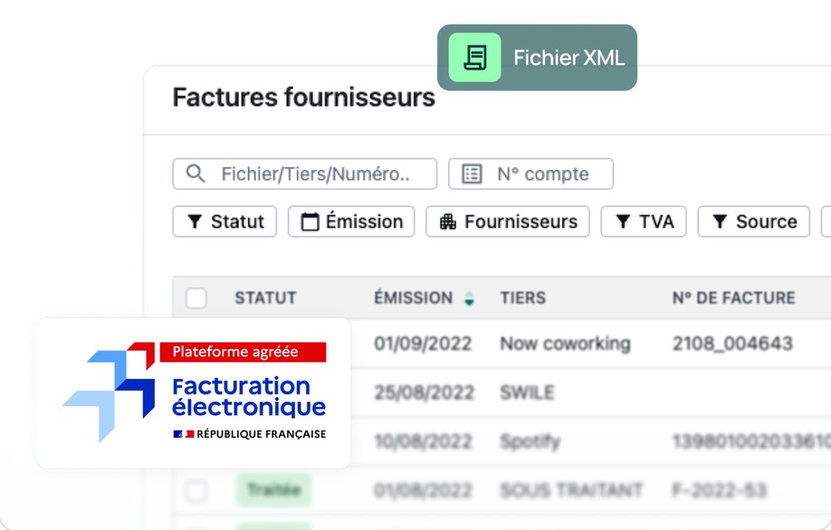Liste des factures fournisseurs avec fichier XML et badge Plateforme agréée
